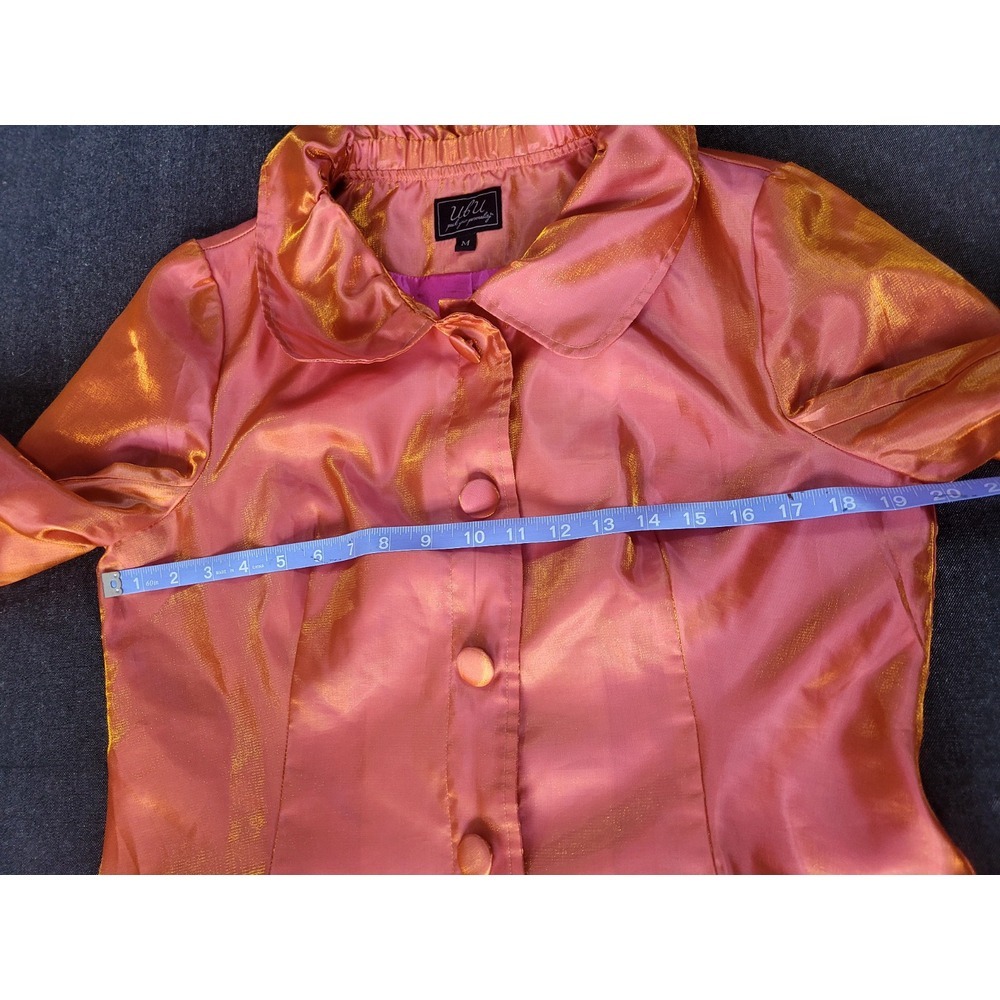UBU 90's Y2K Metallic Orange Yellow Shift Shiny Mid Length Light Trench Coat M - Picture 12 of 15